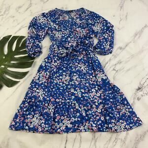 Talbots Puff Sleeve Dress Size M P Blue Pink Floral Pockets Fit Flare Tie Waist